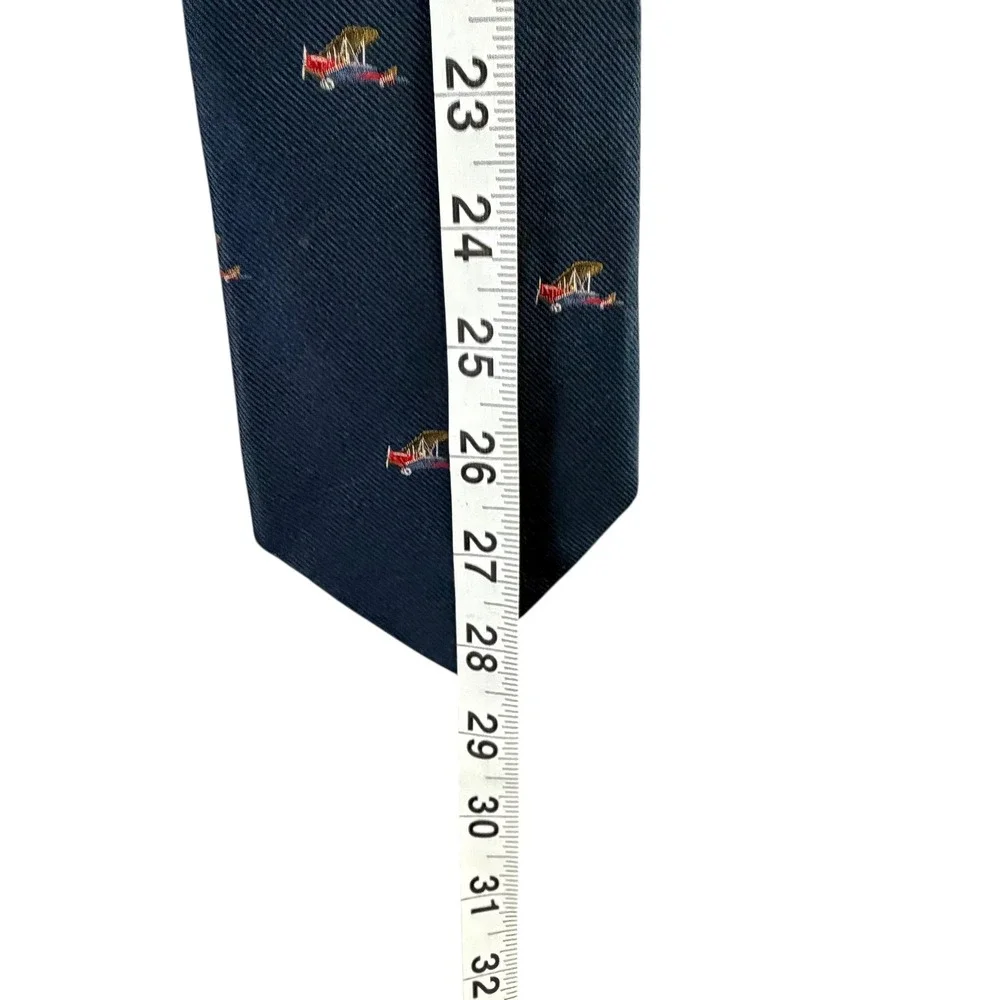 Vintage Lands End Biplane‎ Silk Tie Blue Embroidered Aviation Airplane Captain